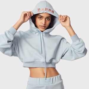 Herve Leger Paris Blue Cropped Hoodie - Women's Pullover with Hood